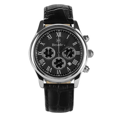 

BESTDON BD9917G Mens Fashion Roman Numerals Leather Strap Waterproof Quartz Watch with Calendar Three Small Dials Black