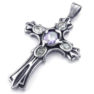 

Hpolw New Promotion Mens Womens Jewelry Stainless Steel Silver Cross CZ Pendant Purple&Silver Crystal Necklace with 18-26 inch
