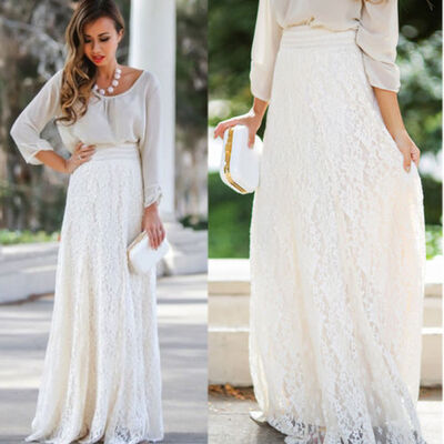 

Women Double Layer Chiffon Pleated Long Maxi Dress Elastic Waist Skirt US STOCK