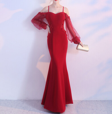 

Kalinnu Sexy Illusion Bodice Evening Dress Mermaid Low Back Long Sleeve Prom Party Gown Robe de