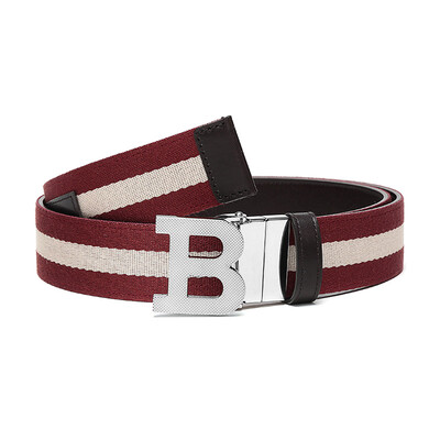 

BALLY Bally Mens Red Beige Striped Brown Fabric with Leather Button Buckle Double Belt Belt B BUCKLE 35 MT 56 105cm