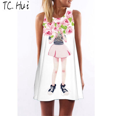 

New 2018 Summer Style Women Sleeveless Vintage Dresses 3D Floral Print Casual Loose Sexy Chiffon Dashiki Boho Dress