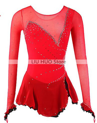 

Womens Girls Ice Skating Dress Red Spandex Rhinestone High Elasticity Performance Skating Wear Handmade Fashion