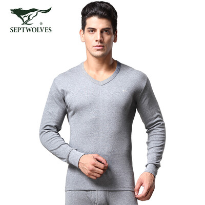

Seven wolves Qiuyi Qiuku mens cotton thermal underwear V-neck suit thin section cotton wool line clothing line pants solid color V-neck light gray XXXL