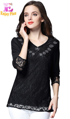 

XL XXL 3XL 4XL 5XL plus size lace elegant new autumn 2017 black white blouse women lone sleeve big size tops beading lady tops