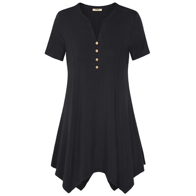 

Timeson Womens Casual Solid Basic V Neck Short Sleeve Handkerchief Henley Long Tunic Tops Button Irregular Hem Formal Cute Sexy T