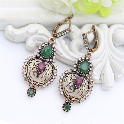 

Vintage Turkish Women Hollow Flower Round Resin Long Earrings Antique Gold Color Hook Earring Ethnic Jewelry Algeria Bridal Gift
