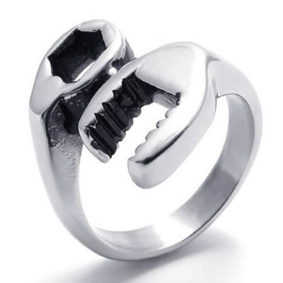 

Hpolw Men's Biker Punk Silver 316L Stainless Steel Spanner Wrench Ring Mechanic Mechanical Tool Wholesale fashion ring