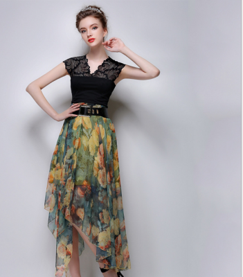 

Lovaru ™Beach irregular chiffon skirts Europe station 2015 summer new fashion style print dress