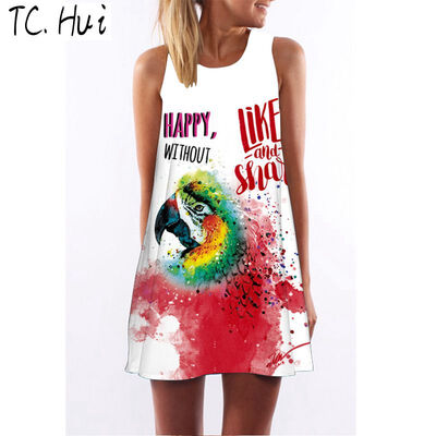 

2018 new trend fashion digital printing round neck strapless dress