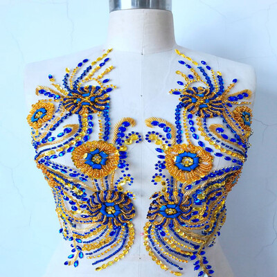 

Pure hand made bluegolden sew on Rhinestones applique on mesh crystals patches 4139cm DIY dress accessory