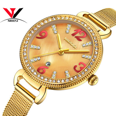 

NIBOSI Женские часы Мода Lady Watch Роскошный бренд кварцевые наручные часы Золотой водонепроницаемый хрусталь платье сетки ремешок Relogio Feminino