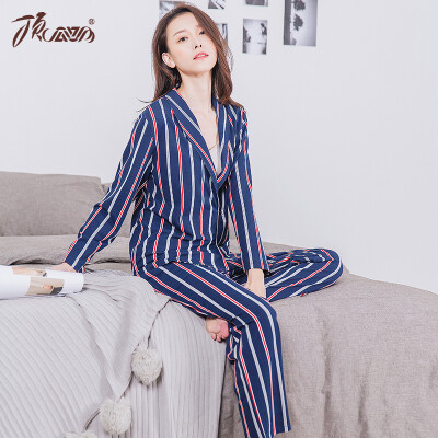 

Top melon melon pajamas womens cotton striped simple casual suit t21280 Tibetan blue 160