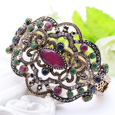

Vintage Turkish Women Resin Hollow Flower Bangle Bracelet Rhinestone Cuff Jewelry Ethnic Cryst Bangle Wedding Pulseiras Feminino