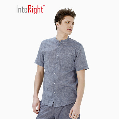 

INTERIGHT Short Sleeve Shirt Mens Cotton Blend Casual Stand Collar Shirt Denim Blue M