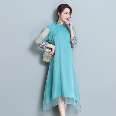 

2018 Новый китайский стиль Cheongsam пион вышивка Loose платье