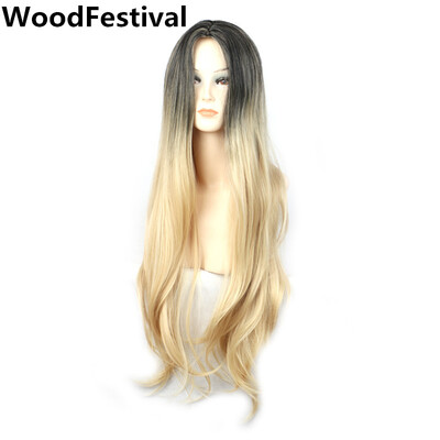 

woman straight ombre long blonde wig dark roots blonde hair cosplay women synthetic wigs heat resistant fiber WoodFestival