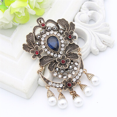 

Vintage Turkish Women Big Resin Simulated-Pearl Brooch Pin Flower Pendant Jewelry Antique Gold Color India Bride Ethnic Corsage