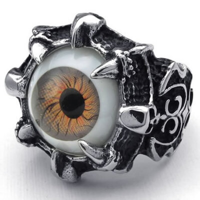 

Hpolw Stainless Steel Gothic Skull Dragon Claw Evil orange/Brown Eye Biker Mens skeleton Ring