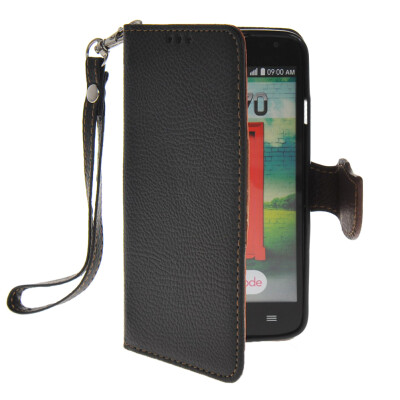 

MOONCASE Litch Skin Leather Side Flip Wallet Card Holder Pouch with Kickstand Shell Back Case Cover for LG L70 Black