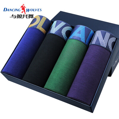 

Dancing with wolves mens underwear mens boxers waist blue fine viscose boxer sweat-absorbent breathable pants 4 pieces 3124 gift box
