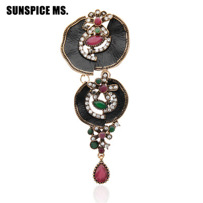 

Brand Design Turkish Women Long Drop Flower Vintage Brooch Pin Anique Gold Color Resin Black Paint Jewelry Ethnic Enamel Broches