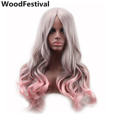 

gradient color two tone heat-resistant long wavy wig ombre grey gray pink wigs synthetic hair for women WoodFestival