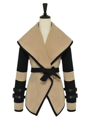 

Women Lady fashion Cape Celeb Jackets Outwear Big lapel Woolen Coat Tops belt