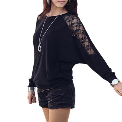 

CT&HF Women Casual Bat Sleeves Cotton and Lace Splicing T-Shirt