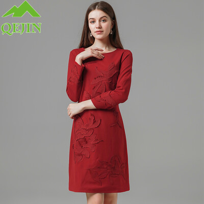 

Womens wool dress in winter female woolen dresses embroidery Stereo flower solid color elegant female spring dress plus sizes