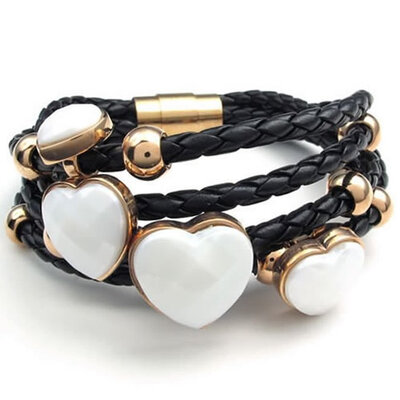 

Hpolw Stainless Steel Heart Charms Braided Leather Womens Bracelet White Gold Black