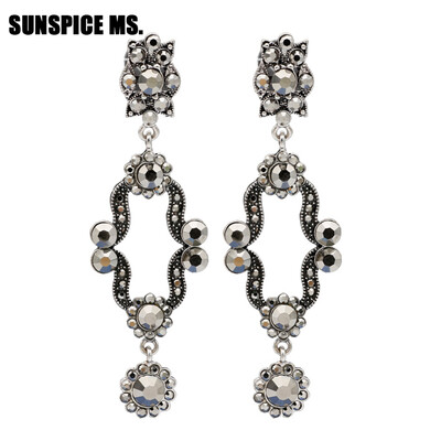 

Exquisite Bohemia Women Long Rhinestone Dangle Earrings Antique Silver Round Drop Earring Turkish Indian Ethnic Wedding Jewelry
