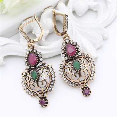 

Vintage Turkish Women Hollow Flower Round Resin Long Earrings Antique Gold Color Hook Earring Ethnic Jewelry Algeria Bridal Gift