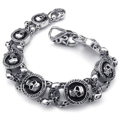 

Hpolw Vintage fashion silver&black Stainless Steel Gothic Skull Charm Biker Mens Skeleton link chain Lobster Clasps Bracelet