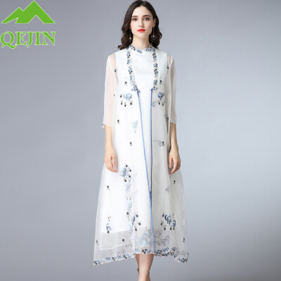 

2018 summer Women cape solid white color outer cloak silk oraganza Embroidery High-end long elegant preppy plus size summer trench