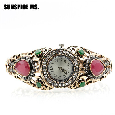 

SUNSPICE MS Vintage Indian Bangle Watch Resin Round Bracelet Jewellery Antique Gold Color Cuff Турецкий Женский Этнический Фестива