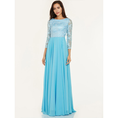 

CAZDZY Scoop Neck Lace A Line Floor-Length Evening Dress Sky Blue