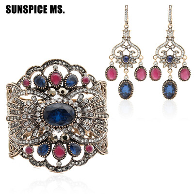 

Ethnic Turkish Women Resin Bracelet Earrings Jewelry Sets Antique Gold Color Wide Bangle Cuff Long Hook Dangle Earrings Indian