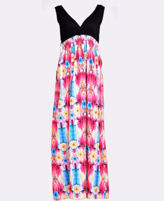 

Womens Summer Printing V Neck Maxi Dress Splice Waisted Dress