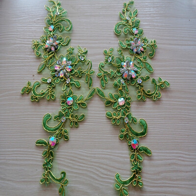 

hand made sew on Green lace rhinestones applique with Golden wire edge Delicate embroidered 2510cm for dress
