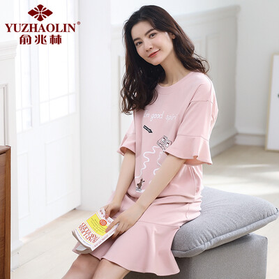 

Yu Zhaolin YUZHAOLIN pajamas female summer cotton short-sleeved ladies nightdress pajamas womens home service suits can be worn outside 3326 pink L