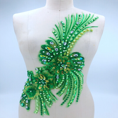 

big light green Three-dimensional flowe lace applique with handsewing beads rhinestones trim sew on patches 5025cm