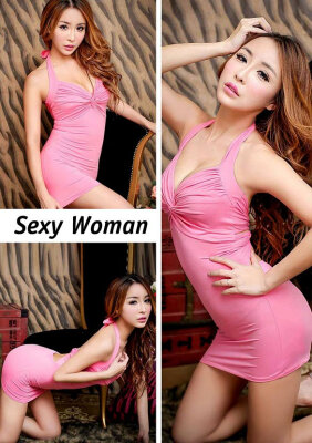 

Sexy Women's V-neck Backless Halter Hip Package Tight-fitting Bodycon Party Mini Dress