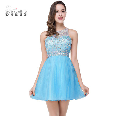 

Vestido Curto Real Image Cheap Beaded Tulle Short Pink Blue Homecoming Dresses 2018 Sexy illusion Back Homecoming Prom Dress