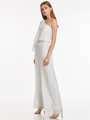 

CAZDZY One Shoulder Beading Chiffon Long Jumpsuit