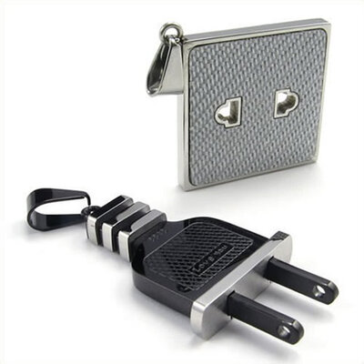 

Hpolw Mens&Womens Fashion Jewelry Stainless Steel Black Socket Plug Couples Pendant"Love" Necklace Set