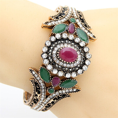 

Exclusive Turkish Women Flower Bracelet Bangle Resin Rhinestone Jewelry Cuff Antique Gold Color Paisley Pattern Bridal Jewelry