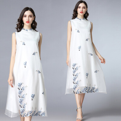 

2018 summer Women vest dresses nature silk oraganza Embroidery O-neck white color High-end long style elegant preppy plus size