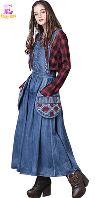 

S M L High Quality waist 74-82cm vintage cotton autumn 2017 long jeans dress women sleeveless blue denim maxi embroidery casual