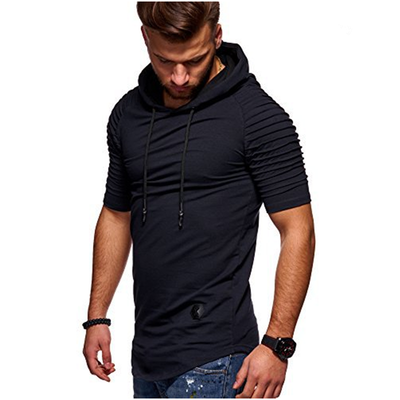 

Summer Mens Casual Tops Fashion Short Sleeved T-shirt Solild Color Fold Round Neck Hooded Pullovers Clothes Mens T-shirt